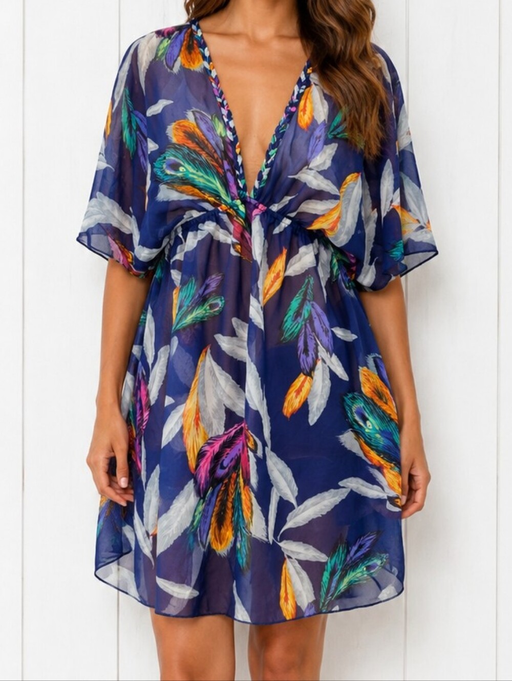 Miken Navy Peacock Feather Swim Cover-Up Dress Size M